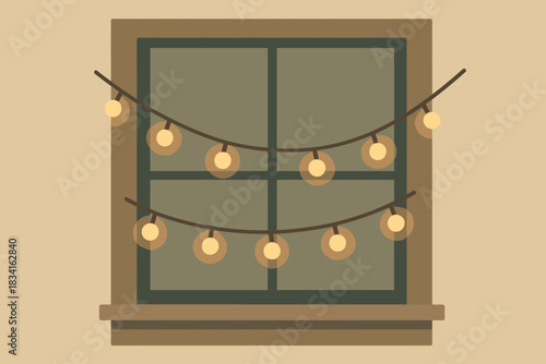 Fairy Lights Illustration. Window fairy lights minimalist flat illustration of geometric glowing dots strung