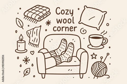 Cozy Wool Corner. Cozy wool corner. Hand-drawn doodle illustration of Cozy wool corner. Central doodle (wool