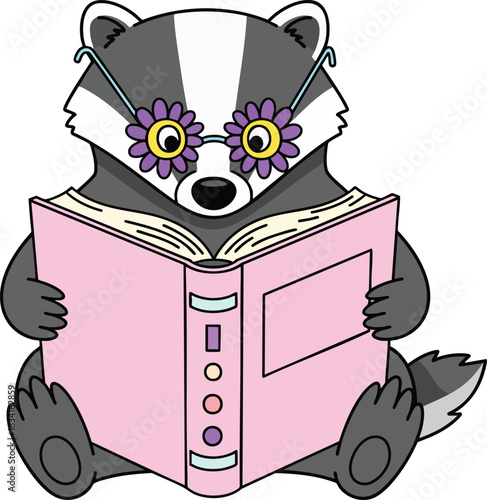 A cute cartoon badger is reading a book. He is wearing flower glasses