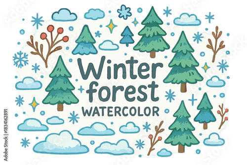 Winter Forest Watercolor. Winter forest watercolor. Hand-drawn doodle illustration of Winter forest watercolor