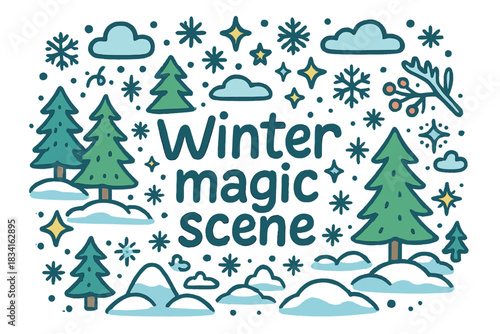 Winter Magic Doodle. Winter magic scene. Hand-drawn doodle illustration of Winter magic scene. snowflakes,