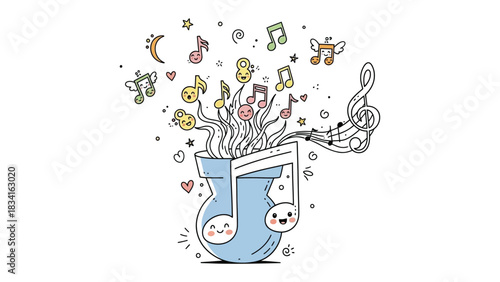 Musical Euphoria Unleashed: An explosion of music notes, each imbued with unique charm and character, erupts from a stylized musical element, creating a symphony of creativity and imagination. 