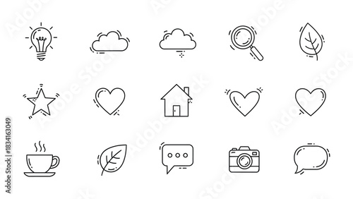 Foto Vector Icons Set for Website Navigation: An assortment of line art icons ideal for website navigation, user interfaces, and graphic design, offering versatility in a minimalist style