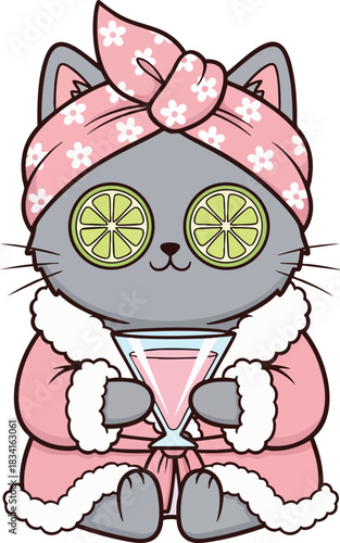A cute cartoon cat enjoys a relaxing spa day, dressed in a pink robe and floral headband. It has lime slices on its eyes and holds a pink cocktail