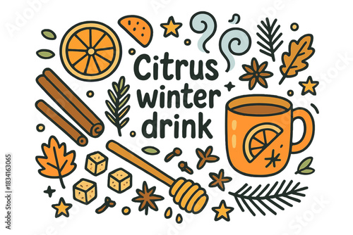 Citrus Winter Drink. Citrus winter drink. Hand-drawn doodle illustration of Citrus winter drink. orange slices