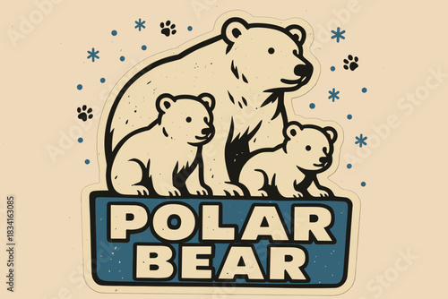 Polar Bear Family. Polar bear family concept art. retro sticker block lettering, bold cut-out outline in black