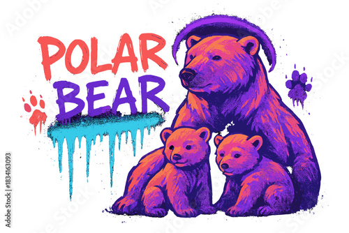 Neon Polar Bear Art. Polar bear family concept art. neon graffiti lettering, bold spray-paint strokes, icy