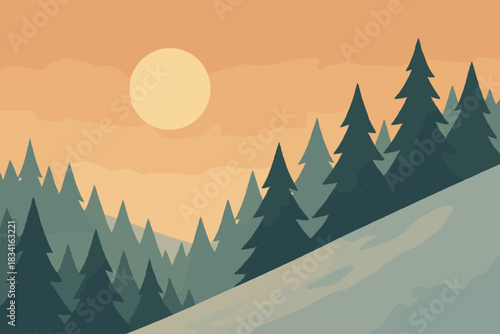 Winter Ridge Silhouette. Winter sunset ridge minimalist flat illustration of layered triangular trees on a