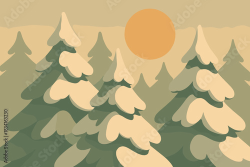 Snowy Winter Canopy. Warm winter canopy minimalist flat illustration of overlapping snow-covered trees