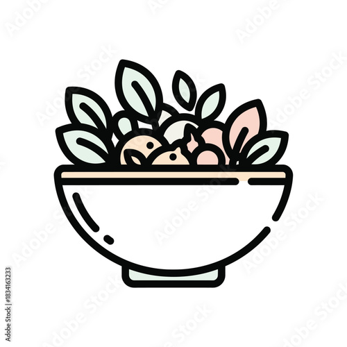 Vibrant fresh salad bowl icon, illustrating a balanced and healthy lifestyle concept. A graphic symbol representing culinary freshness and dietary wellness, promoting wholesome eating