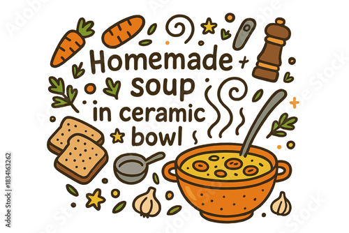 Homemade Soup Delight. Homemade soup in ceramic bowl. Hand-drawn doodle illustration of Homemade soup in