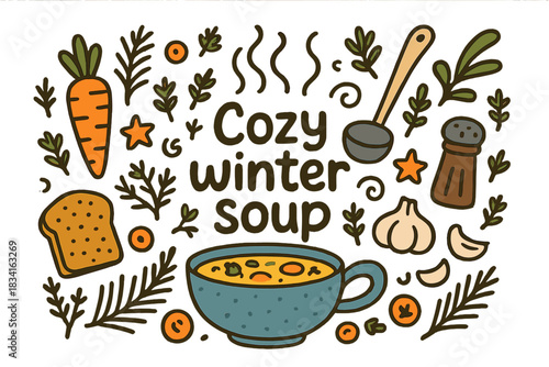 Cozy Winter Soup Illustration. Cozy winter soup. Hand-drawn doodle illustration of Cozy winter soup. steaming