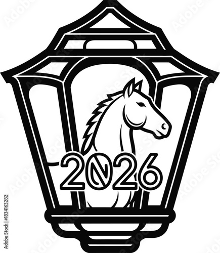 Emblematic illustration of a powerful horse and the year 2026 nested within a classic lantern, symbolizing auspicious new beginnings and a vibrant cultural celebration