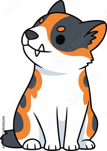A cute cartoon corgi dog with a calico pattern sits patiently, looking upwards with a sweet expression