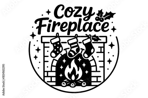 Festive Fireplace Vector. Cozy fireplace with stockings. modern hand lettering, smooth curves, balanced