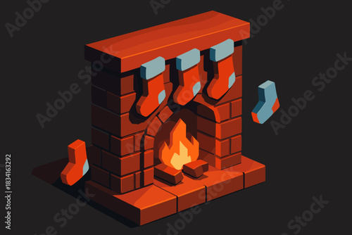 Cozy Isometric Fireplace. Cozy fireplace with stockings. isometric 3D lettering, bold blocky fireplace forms