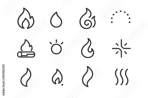 Cozy Flame Icons. Cozy flames. Line outline icon set of Cozy flames: main flame, small ember, flame swirl,
