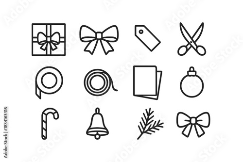 Christmas Wrapping Icons. Christmas gifts wrapping flat lay. Line outline icon set of Christmas gifts wrapping