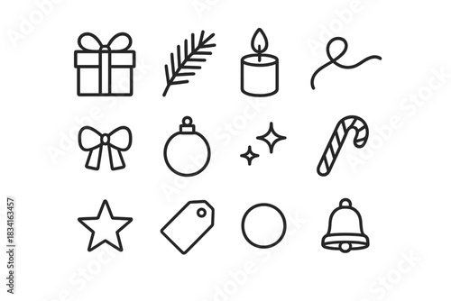 Cozy Christmas Icons. Cozy Christmas flat lay. Line outline icon set of Cozy Christmas flat lay: wrapped gift,