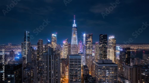 New York City Skyline at Night - A Stunning Aerial View.