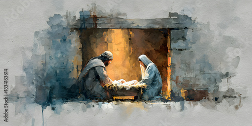 Fototapeta Naklejka Na Ścianę i Meble -  Watercolor painting representing Nativity scene in Bethlehem. Christmas scene illustration showing holy family baby Jesus in the manger Joseph and Mary. Banner. Copy space