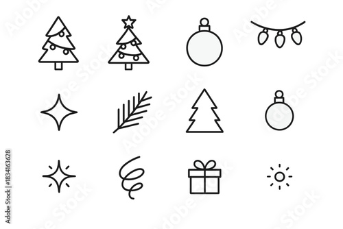 Minimalist Christmas Icons. Minimal Christmas tree with lights. Line outline icon set of Minimal Christmas