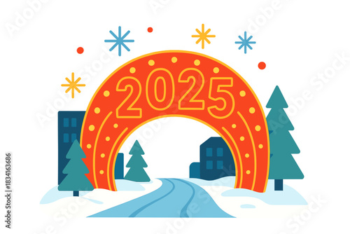 Festive New Year Display. New Year display. “2025” lights arch over a snowy street with tiny glowing arcs