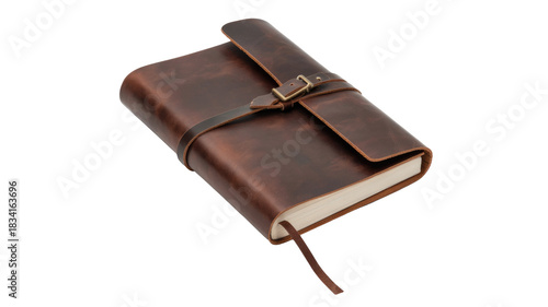 A rustic brown leather-bound journal featuring a strap with a metal buckle closure and a leather bookmark, ready for your thoughts. background removed