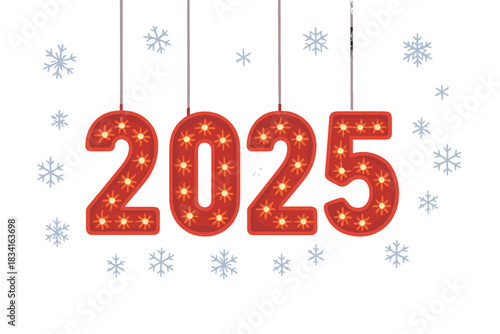 2025 Snowy Countdown. Winter countdown lights. “2025” numbers hang above snowy ground, illuminated with warm