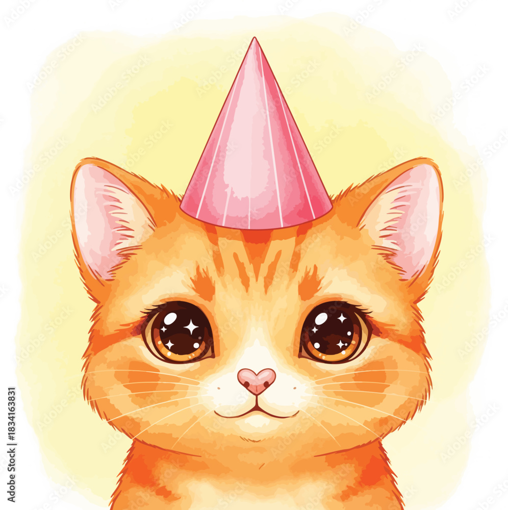 Obraz premium A cute ginger kitten with big sparkly eyes wears a pink party hat. This adorable cartoon animal illustration is perfect for a birthday celebration