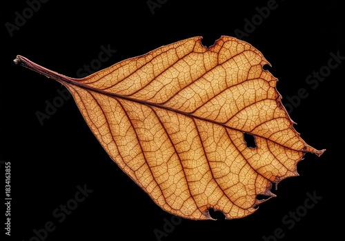 Detailed macro image capturing the delicate skeletal structure of a decaying leaf showcasing the vibrant colors of the autumn season ,abstract ,season ,autumn