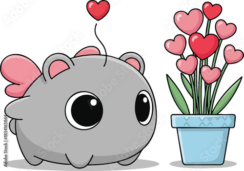 A cute, grey cartoon character with big eyes gazes at a potted plant blooming with heart-shaped flowers