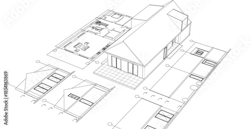 house traditional architecture plan 3d illustration	
