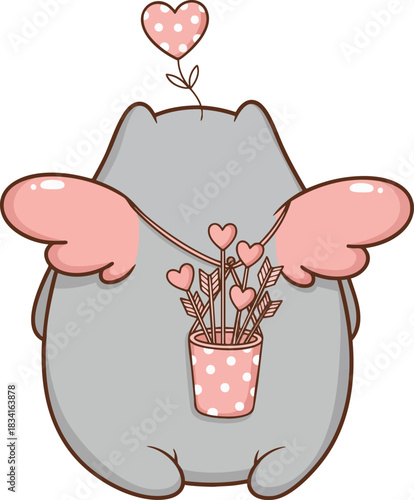 A cute, grey, cartoon character dressed as Cupid, with pink heart wings and a quiver of heart-tipped arrows, holding a heart balloon