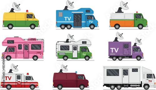 Broadcast van illustrations, satellite vehicles, mobile news trucks, live TV transmission, media fleet, communication icons, vector set, journalism tools