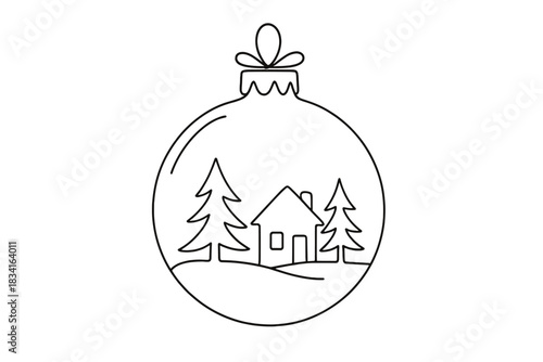 Minimalist Christmas Globe. Christmas globe interior. Minimalistic one-line drawing miniature fir trees and
