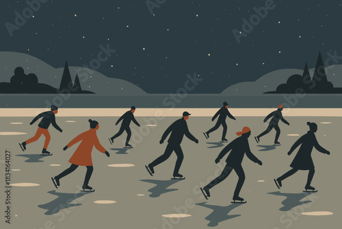 Skaters' Winter Evening. Winter evening glide minimalist flat illustration of multiple skaters crossing an