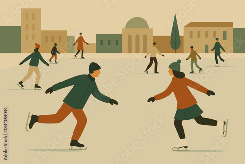 Retro Ice Skating Scene. Ice skating in public square minimalist flat illustration of figures gliding across a