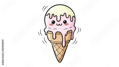 Cute Ice Cream: A charming illustration of a melting ice cream cone with an adorable expression, dripping with deliciousness and radiating a sense of joy.