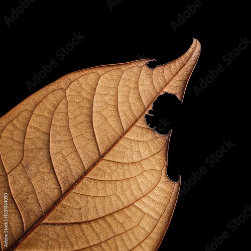 Detailed macro shot of a dried, brown leaf showing a prominent tear along the margin. Concept of nature's decay and lifecycle ,damage ,dried ,detailed