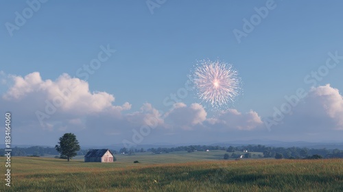 Fireworks Exploding Over Rural Landscape With Barn And Tree. Celebration In Serene Countryside Setting