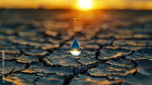 A life-saving drop of water hovers falling on a parched dry soil