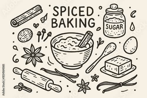 Spiced Baking Ingredients. Spiced baking. Hand-drawn doodle illustration of Spiced baking. Central doodle