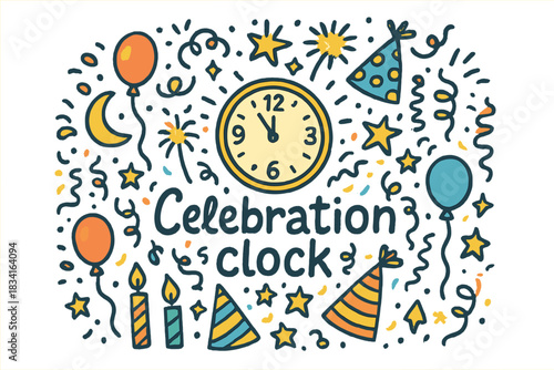 Celebration Clock Doodle. Celebration clock. Hand-drawn doodle illustration of Celebration clock. clock hands