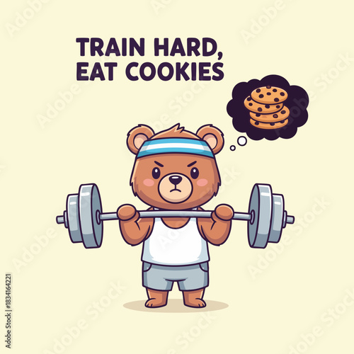 A determined cartoon bear lifts weights, dreaming of cookies