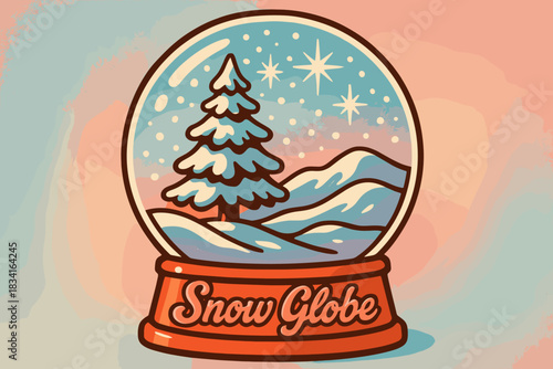 70s Snow Globe Vibe. Snow globe close-up. 70s poster vibe, icy pastel gradient, thick outlines, offset shadows