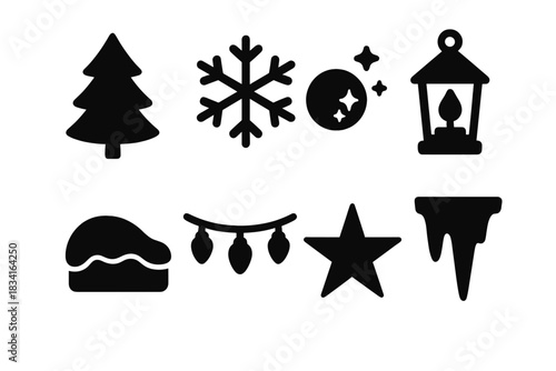Magical Winter Icons. Magical winter forest with lights. Filled icon set of Magical winter forest with lights: