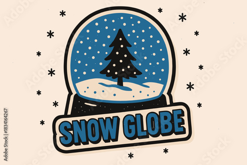Vintage Snow Globe. Snow globe close-up. retro sticker block lettering, bold cut-out outline in black, slight