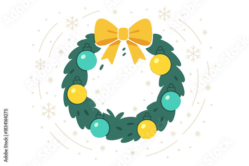 Festive Wreath Bliss. Holiday door decoration. A circular wreath with glowing ornaments and ribbon, snowflakes