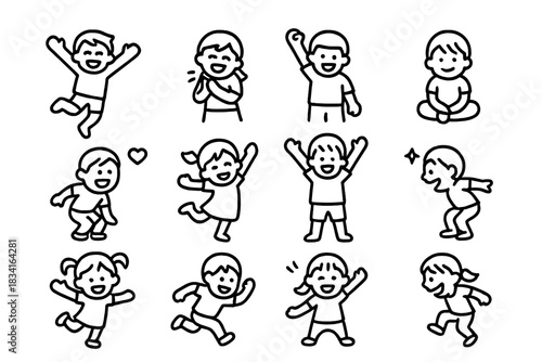 Excited Children Icons. Excited children. Line outline icon set of Excited children: jumping child, clapping